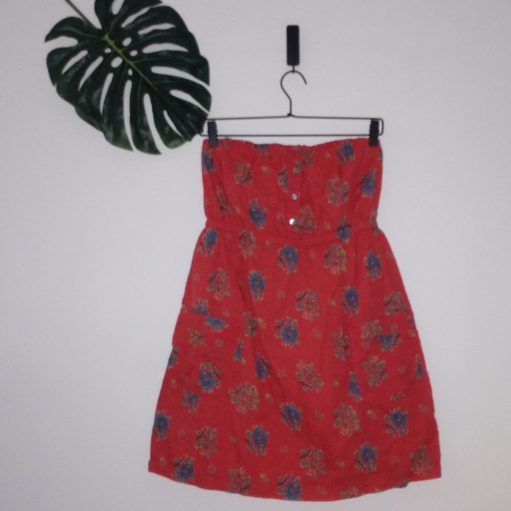 Aerie Strapless Red Floral Dress Size M